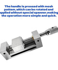 Heavy Duty Right Angle Vise With High Precision Flat Jaw Pliers For CNC Milling Machines And Grinders Built Damn Tough Industrial Steel Construction that shows a textured handle and smooth finish.
