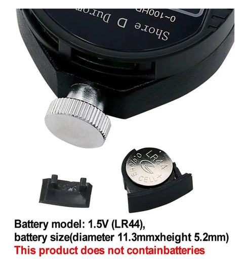 Professional Digital Shore Durometer Rubber Hardness Tester Meter components including battery holder and LR44 battery specifications.
