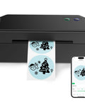 Bluetooth Thermal Label Printer For 4x6 Shipping Labels With Dual USB And Bluetooth Connectivity compatible with various devices, shown printing a festive label.