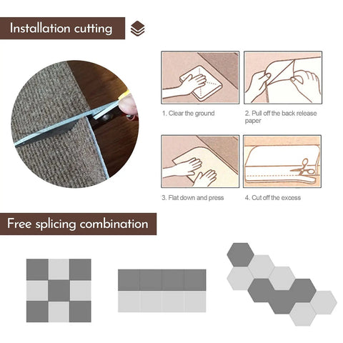 Instruction diagram showing installation of Peel And Stick Carpet Tiles 12 By 12 Self Adhesive Floor Mats Black Anti Slip Multi Purpose Diy Friendly