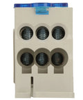 Top Shelf Heavy Duty 125A Din Rail Terminal Block For Cabinet Wiring Projects showing front view with six terminal connections.