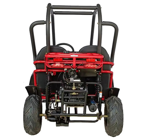 Rear view of 125Cc Go Kart Spyder GKT125-9 Off Road Beast with air cooled engine, three speed forward neutral reverse, red frame.