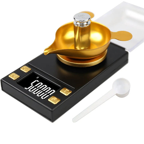 Milligram Scale 50g Capacity Digital Precision Scale 0.001g Readout Non Stick Powder Pan Includes Calibration Weight And Powder Scoop For Reloading Capsules Jewelry And Medical Use Pro Grade displayed with accessories