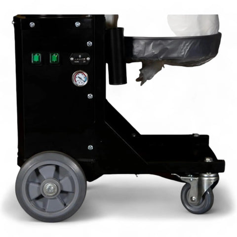 HD2 Two Motor HEPA Dust Collector With Reverse Air Jet Pulse Filter Cleaning System showing controls and sturdy wheels.