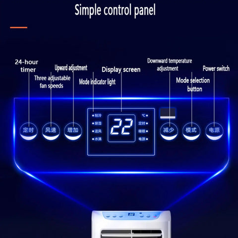 No Sweat Portable Air Conditioner And Swamp Cooler With Remote Control and 1L Tank control panel with display screen and timer settings.