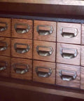 16 Pack Zinc Alloy Antique Bronze Label Frame Drawer Pulls For Drawers And Cabinets Vintage Industrial Style Apothecary Card Catalog Holder Pull Handles 1 5 8 By 3 1 4 Inches Rust Resistant And Easy Label Inserts installed on wooden drawers