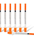 1ml U-100 Syringe With Needle 31G 5/16 Inch 8mm Pack of 30 Sterile, Individually Wrapped, LeakProof for Precise Dosing and Tiny Dose Injections, Great for Home Health Care and Medical Labs, shown with orange caps