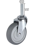 Heavy Duty Three Inch Swivel Rubber Caster Wheels Set Of Four Threaded Stem Casters close-up of caster wheel with threaded stem and dimensions.