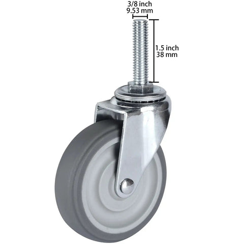 Heavy Duty Three Inch Swivel Rubber Caster Wheels Set Of Four Threaded Stem Casters close-up of caster wheel with threaded stem and dimensions.