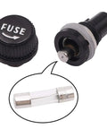 Panel Mount Fuse Holder Socket 5x20mm with screw cap and quick blow glass tube fuses, black finish
