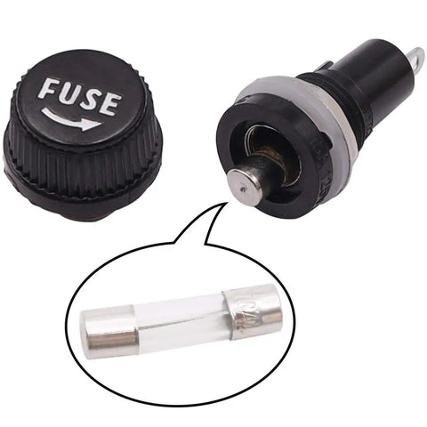 Panel Mount Fuse Holder Socket 5x20mm with screw cap and quick blow glass tube fuses, black finish