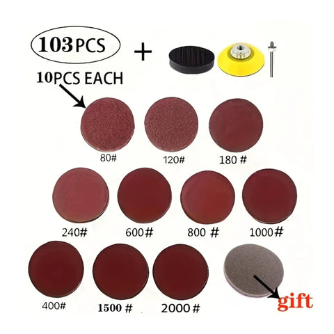 Awesome 75mm Red Sanding Disc Kit with 103 Pieces And Drill, assorted grit discs, hook loop backing, for smooth finishing work.