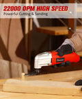 Side view of red AVID POWER oscillating tool cutting wood on a workbench.