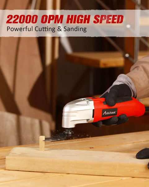 Side view of red AVID POWER oscillating tool cutting wood on a workbench.