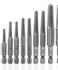 10 Piece Broken Screw Extractor Set For Stripped Screws And Busted Bolts Drill Bit Kit With Quarter Inch Hex Shank Easy Out Remover Includes Five Sizes One To Five For Fastener Extraction displayed in a row