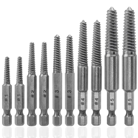 10 Piece Broken Screw Extractor Set For Stripped Screws And Busted Bolts Drill Bit Kit With Quarter Inch Hex Shank Easy Out Remover Includes Five Sizes One To Five For Fastener Extraction displayed in a row