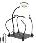 Soldering Helper With Four Magnetic Arms, 3X Magnifier Lamp And LED Light, Clamp Base Third Hand Tool on black base