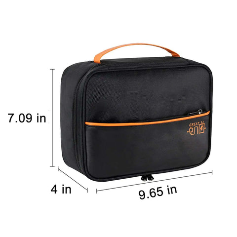 Heavy Duty Badass Electronics Organizer Bag For Travel Cables Chargers Power Bank Cell Phone Gear Hauler shown in black with orange detailing, 9.65 x 7.09 x 4 inches.