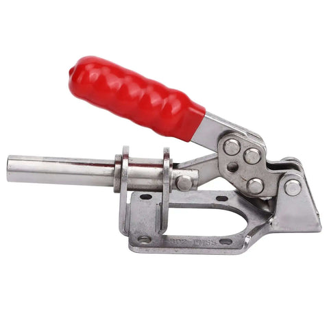 Beefy Stainless Steel Push Pull Toggle Clamp With 136 Kg Clamping Force And 180 Degree Handle shown with open red handle