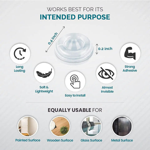 Infographic showing 200 Pack Cabinet Bumpers With Soft Close No Slam Self Adhesive Rubber Pads and compatible surfaces.