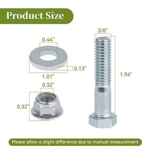 Three-piece idler-pulley mounting hardware: bolt, hex nut and flat washer (3/8in thread, 1.96in bolt; washer 1.01in OD)