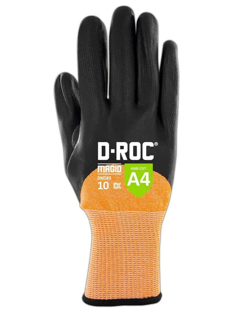D Roc ANSI A4 Cut Protection Oil And Liquid Absorbing TriTek Work Gloves With DX Technology showing palm and back design.