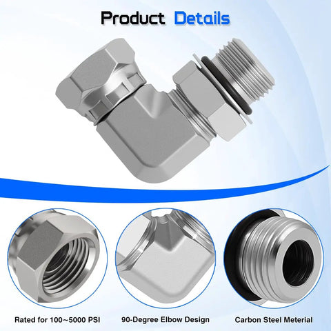 3 By 8 Inch Female NPSM Swivel To 3 By 8 Inch Male SAE ORB 90 Degree Elbow Adapter For Hydraulic Lines, carbon steel