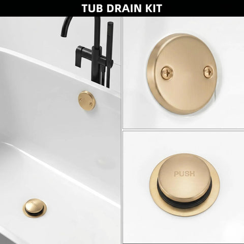 Top Shelf Champagne Bronze Bathtub Drain Stopper With Tip Toe Overflow Faceplate And Warm Brushed Gold Finish close-up in sleek bathtub.