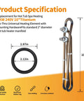 4kW 240V Hot Tub Heater Element Replacement For Balboa Spa And Flo Thru Universal Heating Element Compatible With Gecko Hydro Quip Acura Spas Coleman Watkins Dimension One next to measurement diagram and specifications