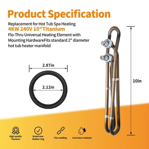 4kW 240V Hot Tub Heater Element Replacement For Balboa Spa And Flo Thru Universal Heating Element Compatible With Gecko Hydro Quip Acura Spas Coleman Watkins Dimension One next to measurement diagram and specifications