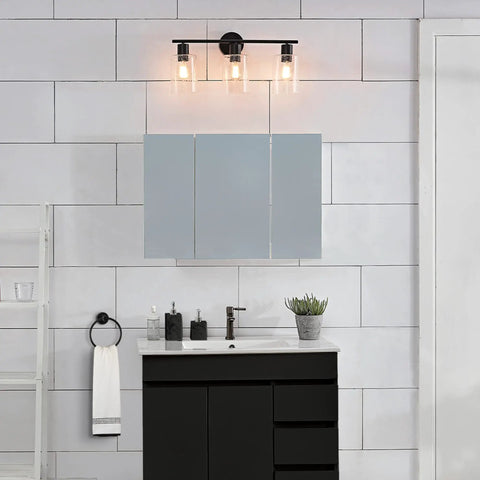 Bristol 5 Piece All In One Matte Black Bathroom Set With Dimmable 3 Light Vanity Light and towel ring in modern bath