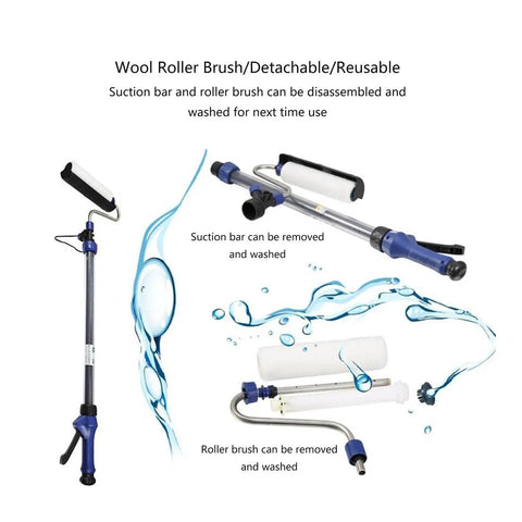 Self Priming Paint Roller With 1.6 Meter Extension Pole removable wool core, showcasing detachable brush and suction bar.