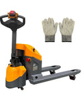 Apollo Lift Electric Pallet Jack, 3300 Lbs Capacity, compact design with gloves visible for safe handling in tight spaces.