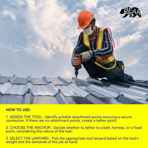 Worker on roof using Beefy Tool Lanyard With Buckle Clip Bungee Cord And Heavy Duty Screw Locking Connector For Fall Protection