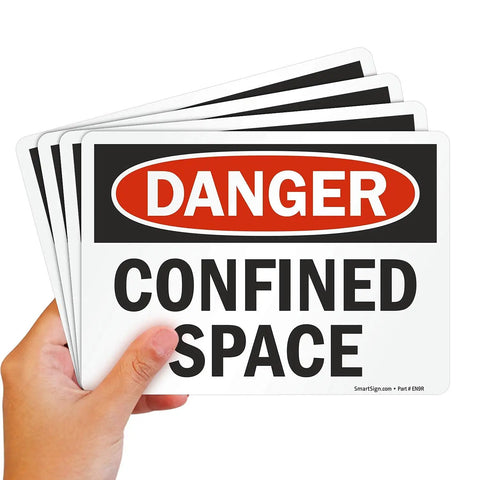 Danger Confined Space OSHA Sticker Labels 5x7 Inch 5 Mil Laminated Polyester With SuperStick Adhesive Red Black White Pack Of 4 Made In USA UV And Chemical Resistant Overlaminated Durable Round Corner Die Cut shown in hand