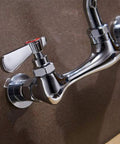 Close-up of Beefy Workhorse Wall Mount Kitchen Faucet With 8 Inch Swivel Spout Dual Handle Chrome Industrial Mixer Tap