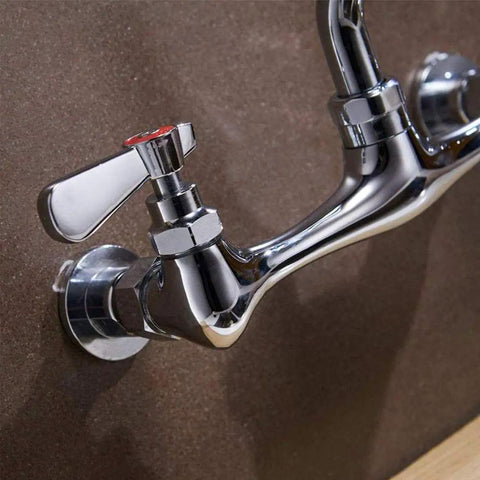 Close-up of Beefy Workhorse Wall Mount Kitchen Faucet With 8 Inch Swivel Spout Dual Handle Chrome Industrial Mixer Tap