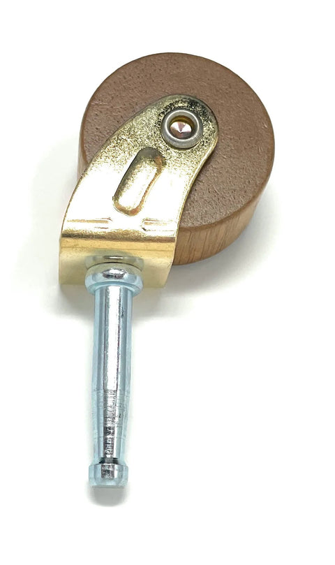 Medium One And Five Eighth Inch Hardwood Caster viewed from the side, metal bracket and stem visible for vintage furniture restoration.