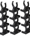 Heavy Duty Adjustable Plinth Leg Clips 12 Pack No Sweat Cabinet Leveler Hardware For Kitchen Cabinets Tables And Chairs Smooth Furniture Foot Adjusts Just Right For Any Floor, black plastic riser clips stacked.