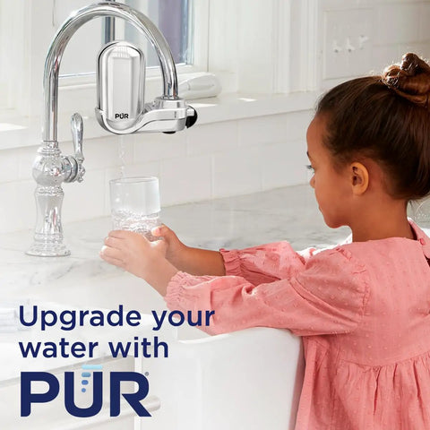 Child using Lead Reducing Faucet Mount Water Filter For Your Sink Easy Install Great Tasting Water Save Money Ditch Bottled Water 100 Gallon Filter Life Chrome Finish Compatible With Sinks With External Aerators.