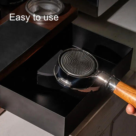 Heavy Hitter Double Tier Solid Wood Espresso Tamping Station With Combo Knock Box Premium Handcrafted Coffee Bar Organizer Kit showing portafilter in knock box.