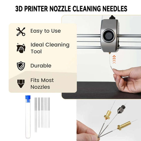 17 Piece Clog Poke 3D Printer Nozzle Cleaning Kit Pro Grade For 1.75mm Filament Nozzles with needles, tweezers, brush shown