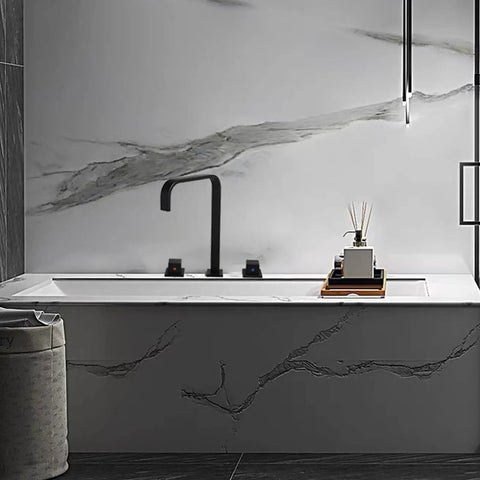 Roman Tub Faucet With 2 Handles Deck Mount High Flow Bath Faucet Matte Black, 360 Degree Rotation over white marble tub
