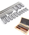 Pro Grade Keyway Broach Set For Lathe 22 Pc HSS Broaching Kit with collared bushings, shims, and carrying case displayed.