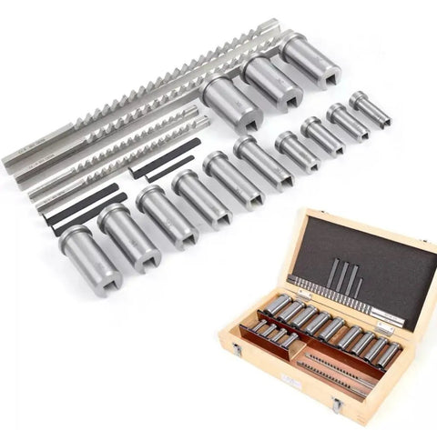 Pro Grade Keyway Broach Set For Lathe 22 Pc HSS Broaching Kit with collared bushings, shims, and carrying case displayed.