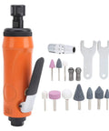 Straight Pneumatic Air Die Grinder Kit With Quarter Inch Collet Japanese Style Ergonomic Grip And Ten Piece Abrasive Stone Bits. Compact die grinder with assorted abrasive stones and accessories.