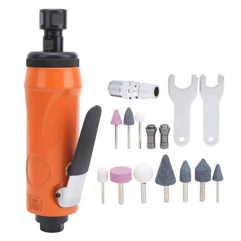 Straight Pneumatic Air Die Grinder Kit With Quarter Inch Collet Japanese Style Ergonomic Grip And Ten Piece Abrasive Stone Bits. Compact die grinder with assorted abrasive stones and accessories.