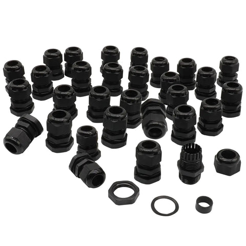 Thirty Pack One Half Inch NPT Cable Glands In Black For Safer Wiring Strain Relief And Quick Plug And Play Install Durable Weather Resistant And Easy To Use In Electrical Boxes, black nylon
