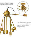 Gold Sputnik Ceiling Light Fixture Eight Arm Brass Chandelier Style Semi Flush Mount Mid Century Modern Lighting Easy Install