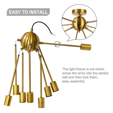 Gold Sputnik Ceiling Light Fixture Eight Arm Brass Chandelier Style Semi Flush Mount Mid Century Modern Lighting Easy Install